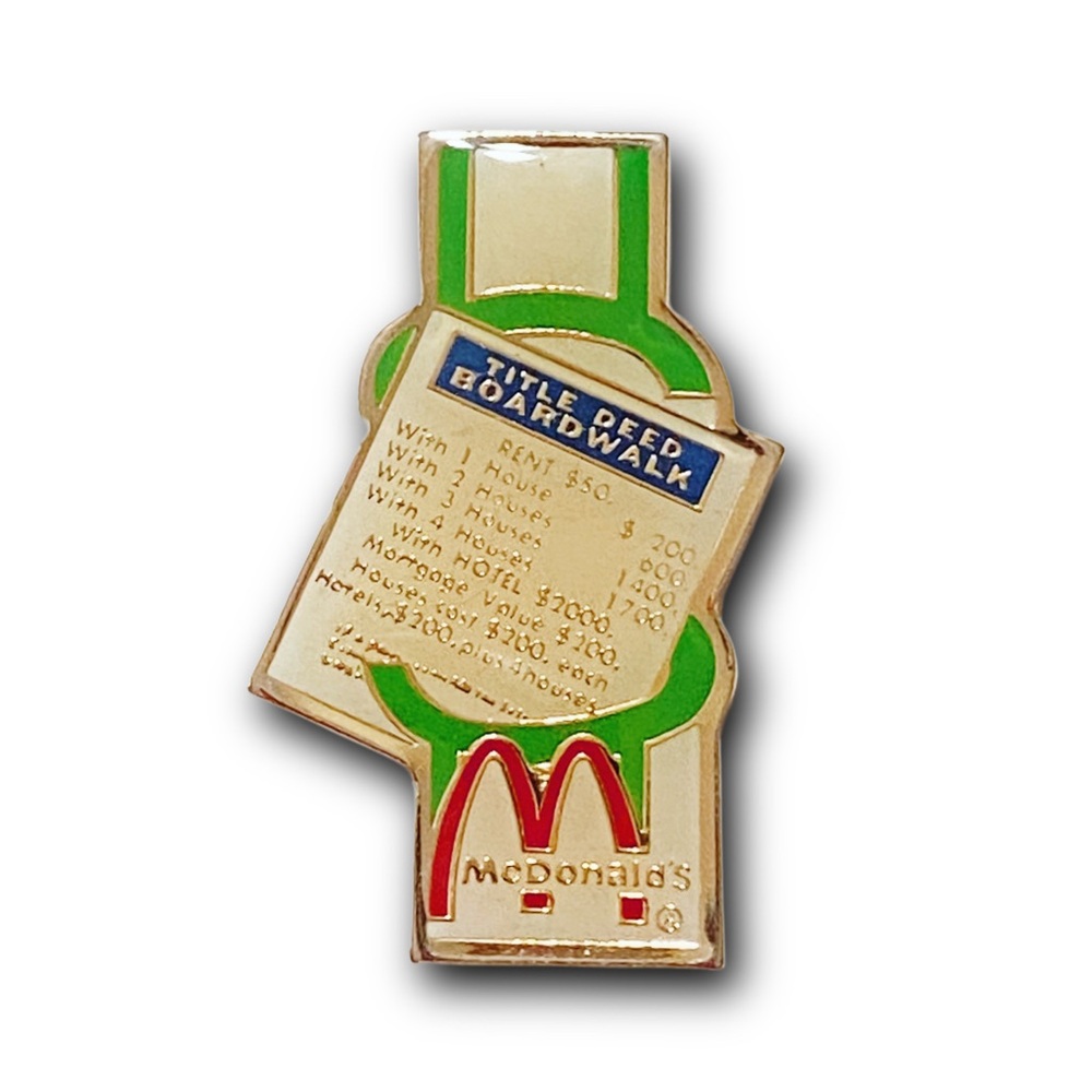 McDonald’s Pin Title Deed Boardwalk 1988 Monopoly Game Piece Metal Lapel Pin
